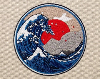 Iron on kanagawa great wave patch for jackets, Embroidered aesthetic ocean patch,  nature art patches for backpacks