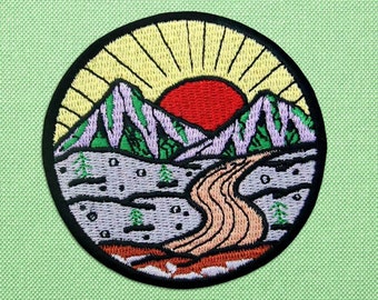 Embroidered sunset patch for hats, Iron on mountain patch for jackets, Cool travel backpack patches