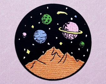 Mountain and planets patch for backpacks, cool iron on space patch for jackets, embroidered gorgeous galaxy patch