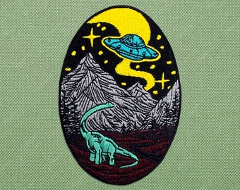 Alien dinosaur patch for jackets, Embroidered space ufo patch for backpacks, Cool nature patches iron on