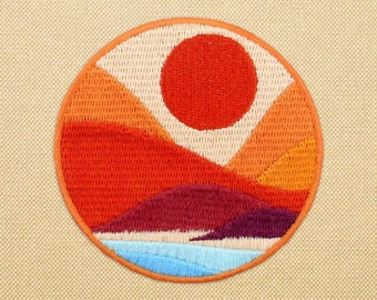 Iron on mountain sunset patch, sun nature patch for jackets, outdoor hiking patches for backpacks