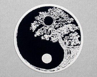 Embroidered yin and yang tree patch for jackets, iron on black punk patch for backpacks, nature hippie patch