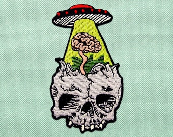 Iron on alien skull patch, ufo punk patch for jackets, Psychedelic trippy patches for hats