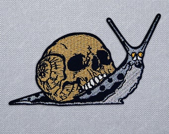 Goth snail skull patch iron on, embroidered horror punk patch for jackets, creepy death biker patches for backpacks