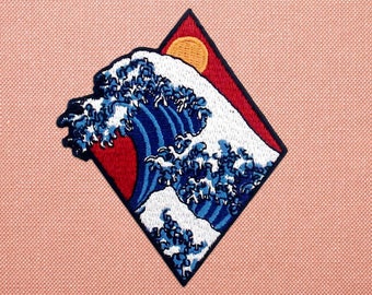 The great wave iron on patch for jackets or backpacks, embroidered ocean art patch, nature sun patch