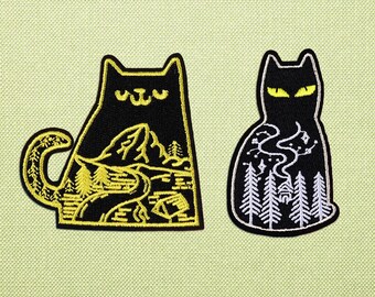 Cute mountain cat patches for jackets, Iron on outdoor nature patches for backpacks