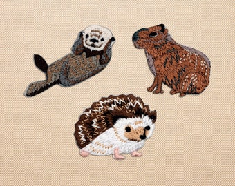 Cute animal patches for jackets, iron on otter hedgehog capybara patches for backpacks, embroidered cottagecore hat patches