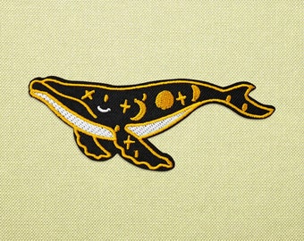 Space whale embroidery patch, celestial astrology moon patch for jackets, cool backpack patches iron on