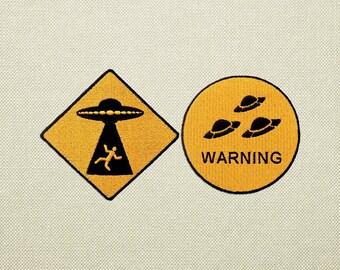 Warning alien nearby patches for backpacks, iron on space ufo patches for jackets, embroidered nasa patches
