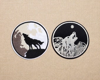 Iron on moon wolf patch for jackets, Embroidered biker patches for hats, Cool animal backpack patches