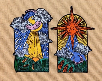 Embroidered sun and moon patch set iron on, celestial nature patches for jackets, occult tarot patches for backpacks