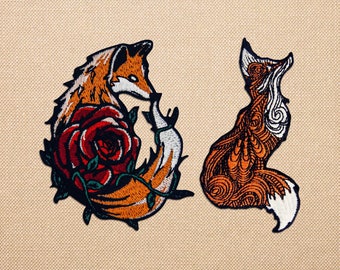Flower fox iron on patches for jackets, embroidered nature wildlife patch for backpacks