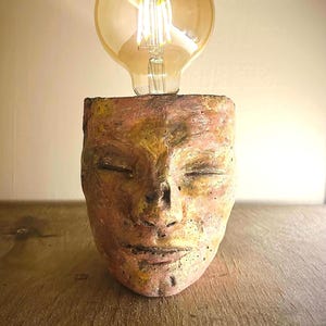 Aged Terracotta Gold Unique Female Crafted Stone Head Table Lamp. Oddities Functional Art of Lady Sculpture with Edison Bulb