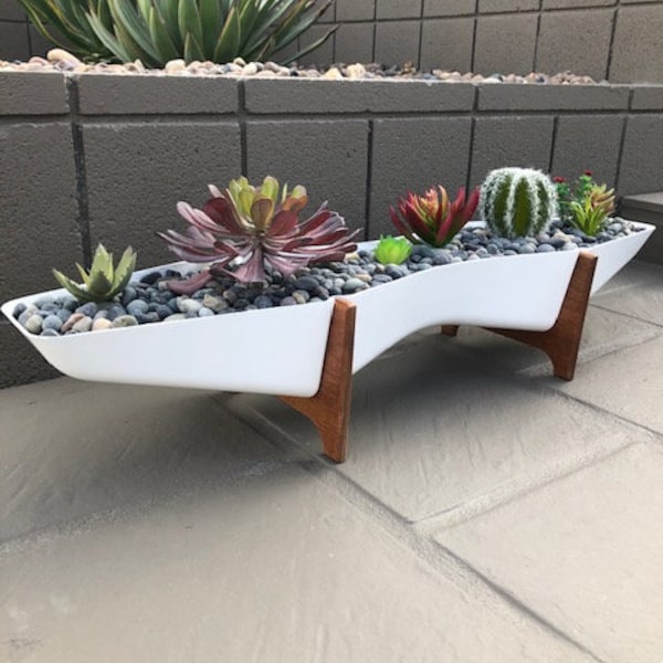 Vessel style Mid Century Modern Delta fiberglass architectural type planter Real Mahogany base!