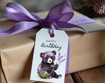 Lavender Bear Birthday Gift Tags Printable, Rustic Watercolor Bear Digital Tags, Cozy Cabin Birthday Gift Wrapping, Floral Purple Tag Favors