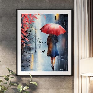 Woman in Rain Watercolor Art Print: Red Umbrella, Dark Street