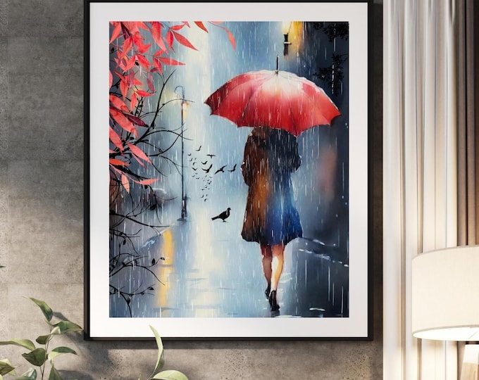 Woman Walking in the Rain Watercolor Art Print, Lady with Red Umbrella Wall Decor, Dark Rainy Street Print, Midnight Stroll in the Rain Art