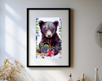 Baby Black Bear Art Print, Watercolor Black Bear and Blueberries, Baby Black Bear Wall Decor, Baby Black Bear Nursery,Black Bear Cabin Decor