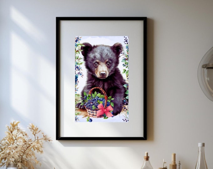 Baby Black Bear Art Print, Watercolor Black Bear and Blueberries, Baby Black Bear Wall Decor, Baby Black Bear Nursery,Black Bear Cabin Decor