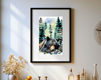 Black Bear Art Print, Black Bear Wall Print, Watercolor Bear Decor, Bear in the Woods Art, Bear in Nature Artwork, Watercolor Black Bear Art