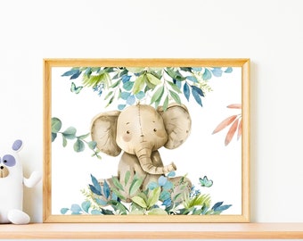 Plush Watercolor Elephant Nursery Art Print, Cute Elephant Wall Print, Gender Neutral Elephant Wall Decor, Elephant in Green Foliage Print