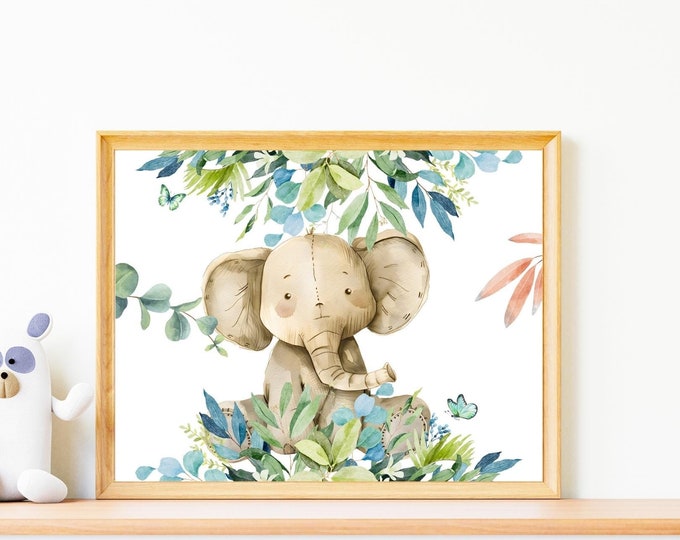 Plush Watercolor Elephant Nursery Art Print, Cute Elephant Wall Print, Gender Neutral Elephant Wall Decor, Elephant in Green Foliage Print