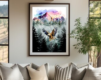 Bald Eagle Art Print, Eagle Watercolor Wall Art, Bald Eagle in Mountain Wall Decor, American Eagle Artwork, Watercolor Wildlife Art Print