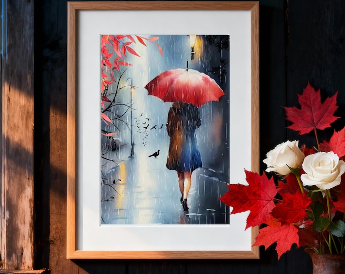 Woman in Rain Watercolor Art Print: Red Umbrella, Dark Street