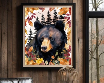 Black Bear in Fall Forest Art Print, Autumn Foliage and Black Bear Decor, Handsome Black Bear Enjoying the Fall Foliage Wall Art, Bear Lover
