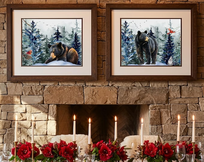 Black Bear and Cardinal Watercolor Print: Winter Woodland Art