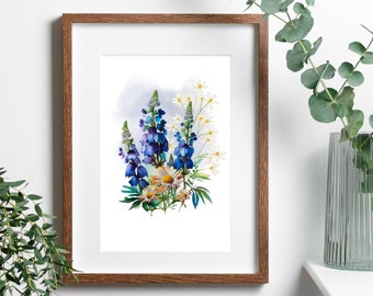 Bluebonnet Art Print, Texas Bluebonnet Wall Art, Blue Lupine Art, Blue Floral Wall Art, Blue Flowers Print, Farmhouse Blue Floral Print