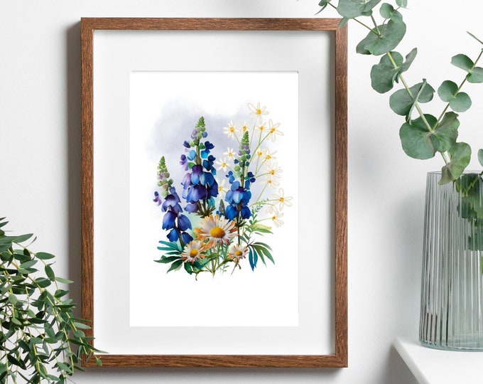 Bluebonnet Art Print, Texas Bluebonnet Wall Art, Blue Lupine Art, Blue Floral Wall Art, Blue Flowers Print, Farmhouse Blue Floral Print