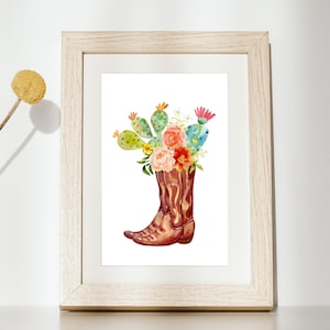 Floral Cowgirl Boot Art Print: Watercolor Cactus Flowers