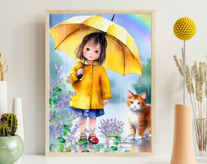Little Girl in Yellow Raincoat Picking Flowers in the Rain Art Print, Watercolor Rainy Day Child Playing in the Rain Wall Decor, Rainy Day
