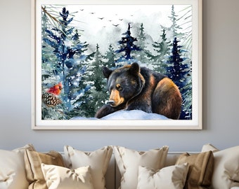 Black Bear Wall Art, Bear and Cardinal Print, Watercolor Black Bear Wall Decor, Bear Cabin Art, Nursery Bear Prints, Watercolor Bear Set