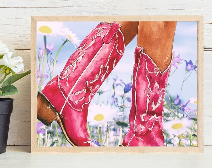 Pink Cowgirl Boots in Daisy Field Boho Art Print, Cowgirl Walking in Wildflowers with Pink Boots Illustration, Watercolor Pink Boho Cowgirl