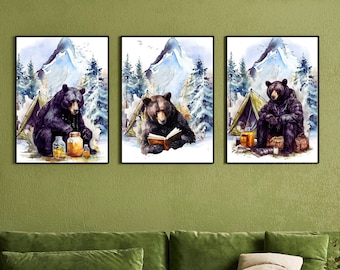 Camping Bear Whimsical Wall Decor, Watercolor Set of 3 Bear Art Prints, Honey Bear Wall Print, Reading Bear Wall Decor, Funny Bear Gallery