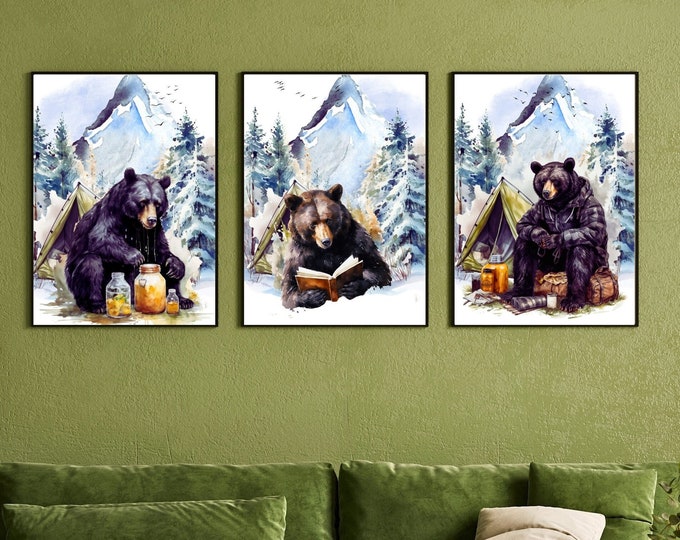 Camping Bear Whimsical Wall Decor, Watercolor Set of 3 Bear Art Prints, Honey Bear Wall Print, Reading Bear Wall Decor, Funny Bear Gallery