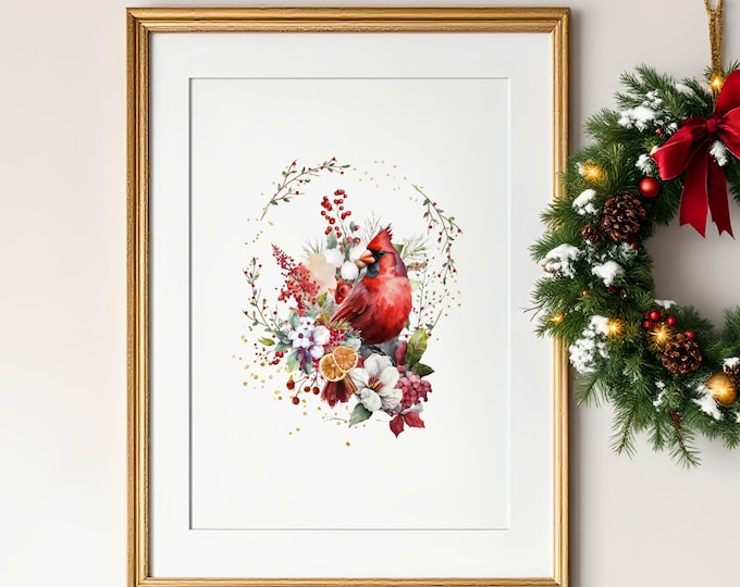 Watercolor Cardinal Christmas Print: Floral Holiday Bouquet Wall Decor