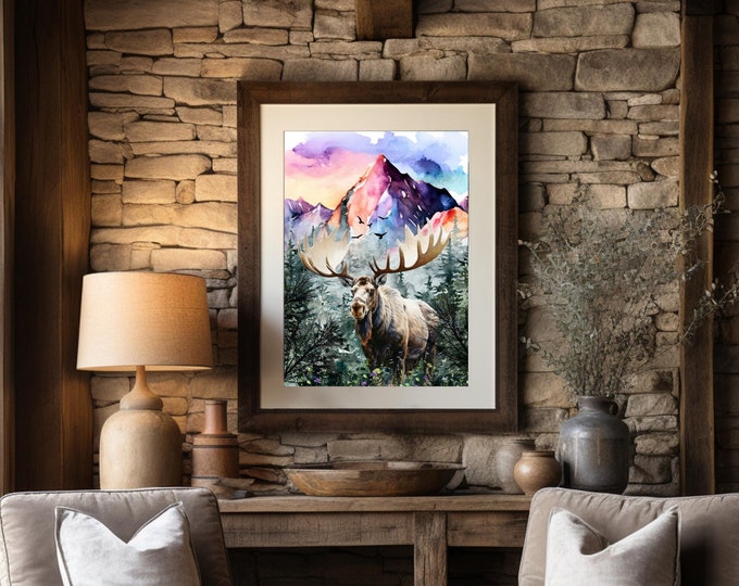 Moose Wall Art, Watercolor Moose Print, Moose Cabin Decor, Farmhouse Nature Print, Moose in Woods Wall Art, Moose in Mountains Wall Decor