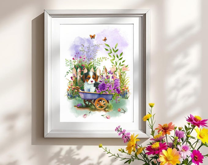 Watercolor Puppy in Wheelbarrow Art Print: Cottagecore Nursery Decor