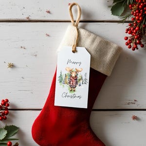 Rustic Moose Christmas Gift Tags Printable, Plaid Watercolor Holiday Tags with Trees and Merry Christmas Text, Digital Winter Gift Tags