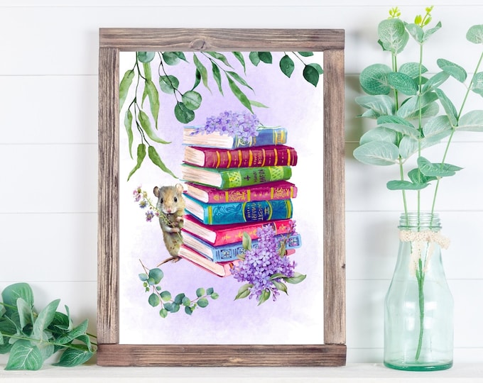 Watercolor Books Wall Art, Colorful Books Wall Decor, Stack of Books Print, Cute Mouse and Books Nursery Art, Vintage Books with Flowers Art