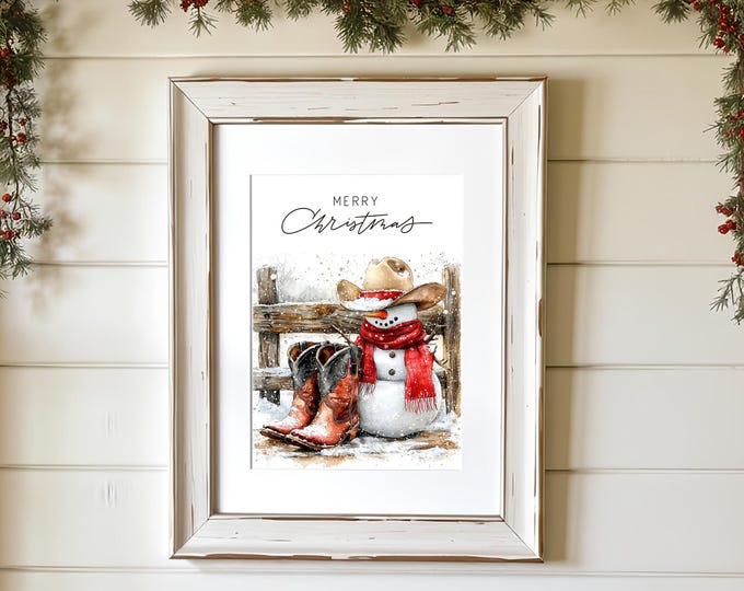 Cowboy Snowman Christmas Print: Rustic Western Holiday Wall Art