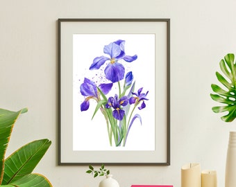 Iris Wall Art, Watercolor Iris Art Print, Purple Iris Decor, Blue Iris Wall Art, Farmhouse Floral Wall Art, Purple Flower Print, Botanical