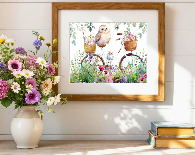 Whimsical Owl on Bicycle Watercolor Print: Cottagecore Woodland Art