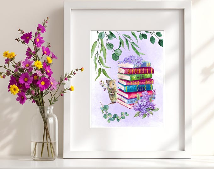 Watercolor Books Art Print: Mouse, Flowers, Vintage Book Stack