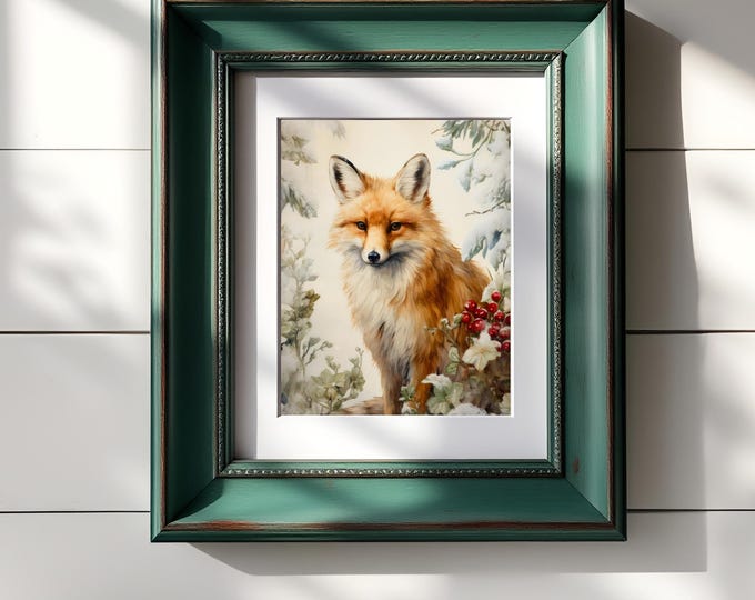 Vintage Fox Winter Print: Rustic Christmas Wall Art