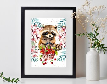 Raccoon Wall Art, Watercolor Raccoon Nursery Print, Woodland Animal Wall Decor, Cute Raccoon Art, Farmhouse Wall Decor, Cabin Art, Bathroom
