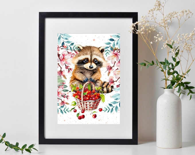 Raccoon Wall Art, Watercolor Raccoon Nursery Print, Woodland Animal Wall Decor, Cute Raccoon Art, Farmhouse Wall Decor, Cabin Art, Bathroom